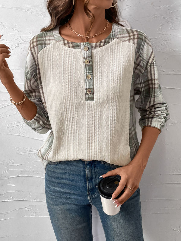 Beige Textured Patchwork Plaid Long Sleeve Top