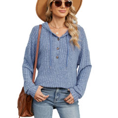 Blue Solid Color Loose Fit Drawstring Hoodie