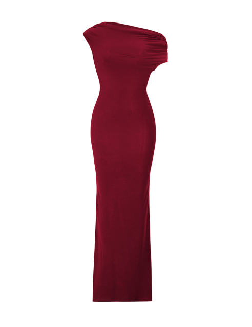 Burgundy Ruched Off Shoulder Maxi Bodycon Dress