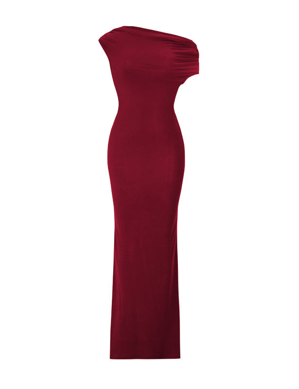 Burgundy Ruched Off Shoulder Maxi Bodycon Dress