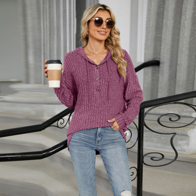 Purplish Red Solid Color Loose Fit Drawstring Hoodie