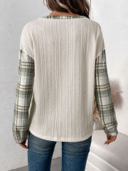 Beige Textured Patchwork Plaid Long Sleeve Top