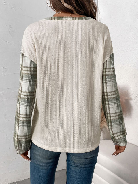 Beige Textured Patchwork Plaid Long Sleeve Top