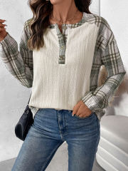 Beige Textured Patchwork Plaid Long Sleeve Top