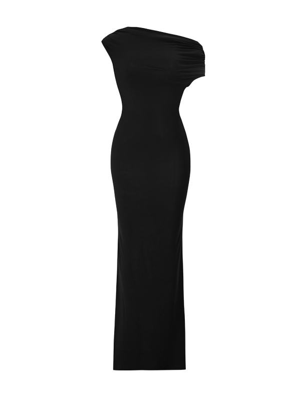 Black Ruched Off Shoulder Maxi Bodycon Dress