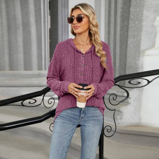 Purplish Red Solid Color Loose Fit Drawstring Hoodie