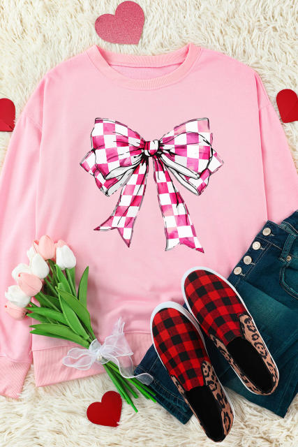 Pink Checkerboard Bow Graphic Round Neck Valentines Sweatshirt