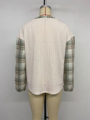 Beige Textured Patchwork Plaid Long Sleeve Top
