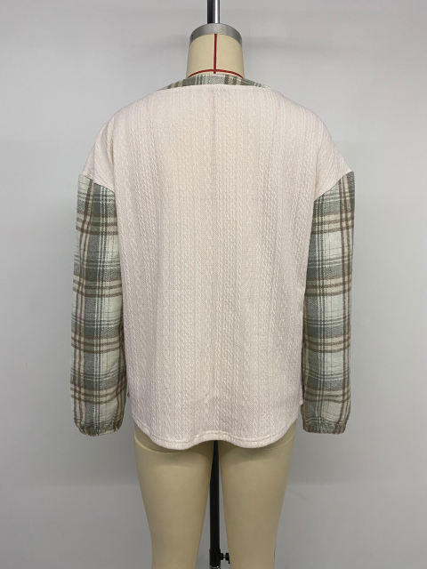 Beige Textured Patchwork Plaid Long Sleeve Top