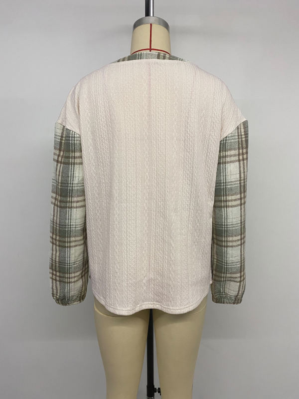 Beige Textured Patchwork Plaid Long Sleeve Top