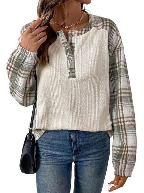 Beige Textured Patchwork Plaid Long Sleeve Top