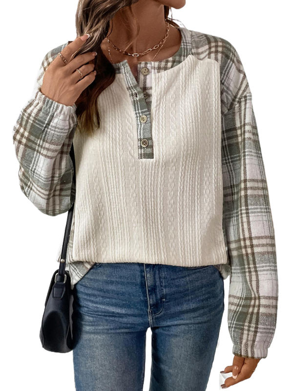 Beige Textured Patchwork Plaid Long Sleeve Top