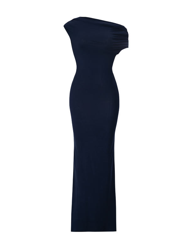 Navy Blue Ruched Off Shoulder Maxi Bodycon Dress