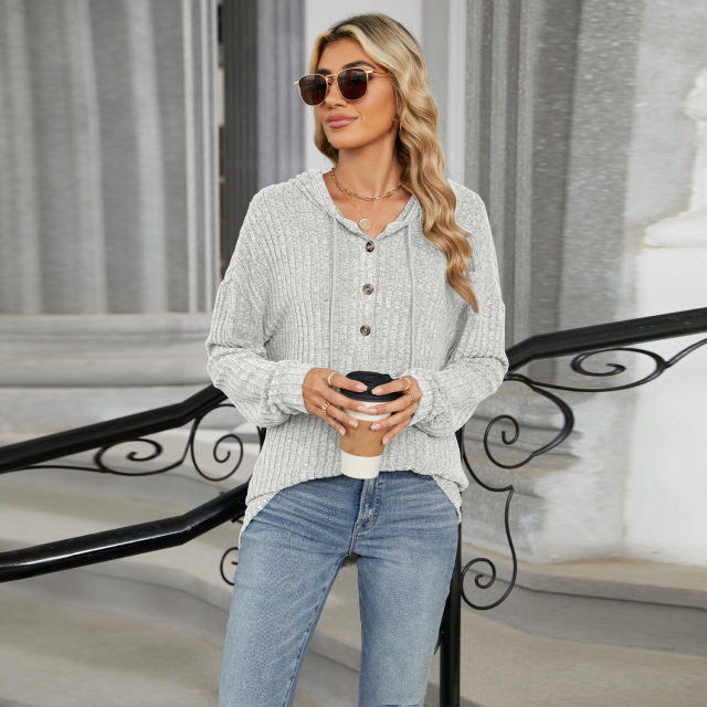 Light Grey Solid Color Loose Fit Drawstring Hoodie