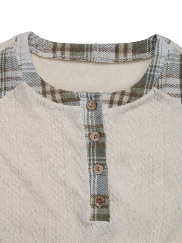 Beige Textured Patchwork Plaid Long Sleeve Top