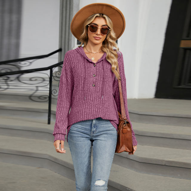 Purplish Red Solid Color Loose Fit Drawstring Hoodie