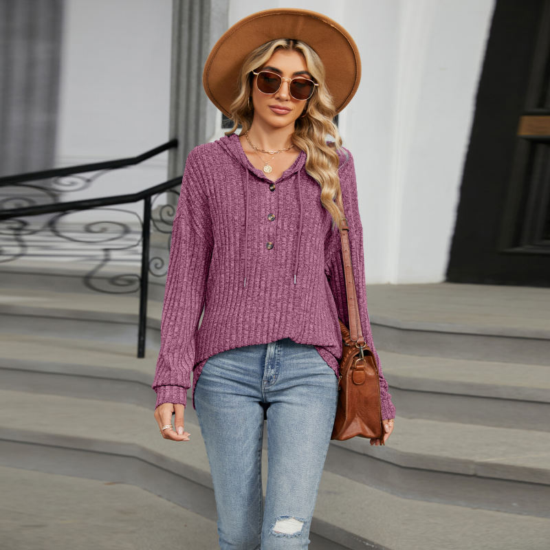 Purplish Red Solid Color Loose Fit Drawstring Hoodie