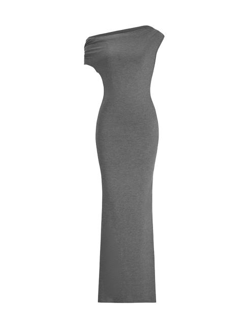 Grey Ruched Off Shoulder Maxi Bodycon Dress