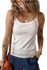 White Solid Color Ribbed Knit Scoop Neck Tank Top