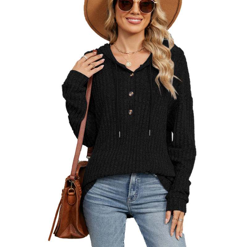 Black Solid Color Loose Fit Drawstring Hoodie