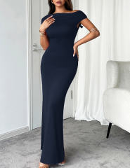Navy Blue Ruched Off Shoulder Maxi Bodycon Dress