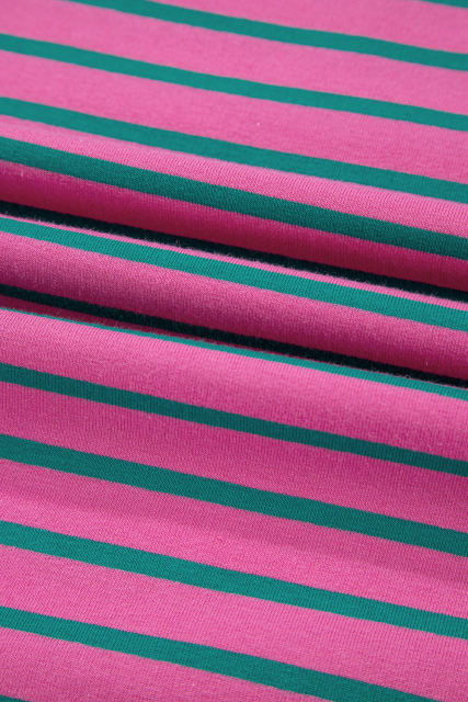 Pink Stripe Colorblock Ruffled Sleeve Crew Neck Blouse