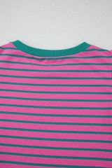 Pink Stripe Colorblock Ruffled Sleeve Crew Neck Blouse