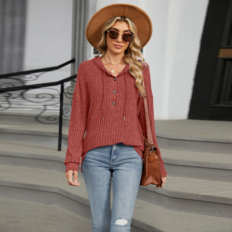 Rust Red Solid Color Loose Fit Drawstring Hoodie