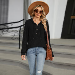 Black Solid Color Loose Fit Drawstring Hoodie