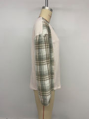 Beige Textured Patchwork Plaid Long Sleeve Top