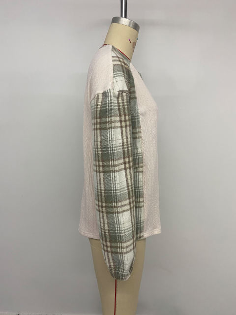 Beige Textured Patchwork Plaid Long Sleeve Top