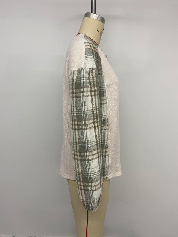 Beige Textured Patchwork Plaid Long Sleeve Top
