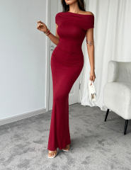 Burgundy Ruched Off Shoulder Maxi Bodycon Dress