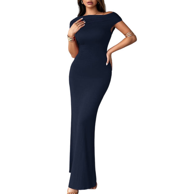 Navy Blue Ruched Off Shoulder Maxi Bodycon Dress