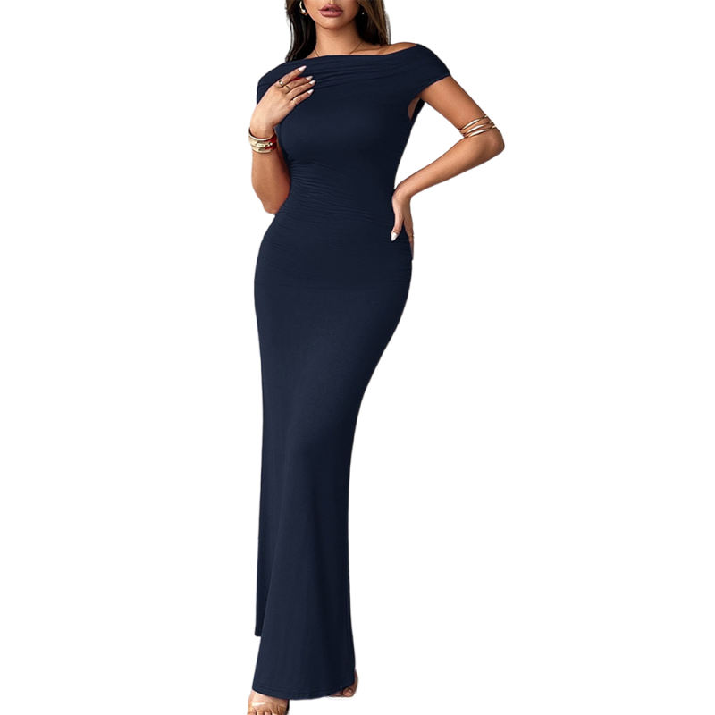 Navy Blue Ruched Off Shoulder Maxi Bodycon Dress
