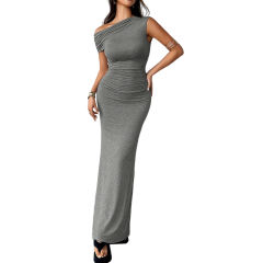 Grey Ruched Off Shoulder Maxi Bodycon Dress
