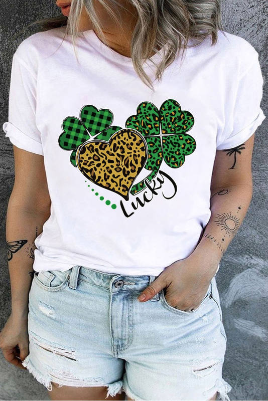 White Lucky Four Leaf Clover Heart Printed Crewneck Plus Size Tee