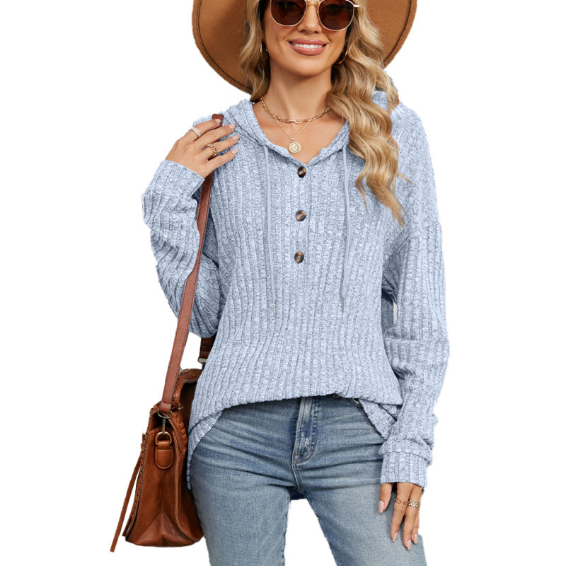 Light Blue Solid Color Loose Fit Drawstring Hoodie