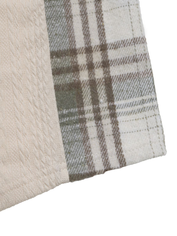 Beige Textured Patchwork Plaid Long Sleeve Top