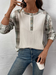 Beige Textured Patchwork Plaid Long Sleeve Top