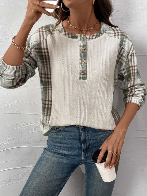 Beige Textured Patchwork Plaid Long Sleeve Top