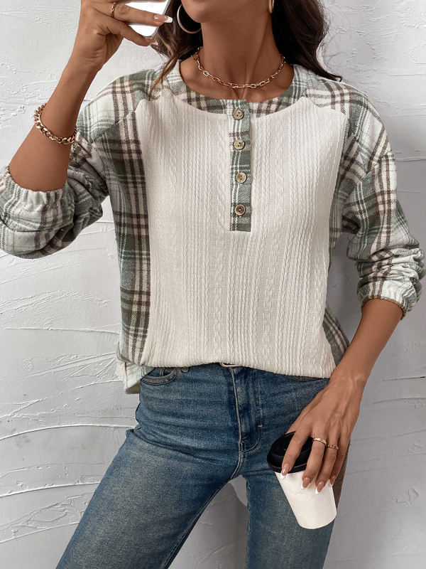Beige Textured Patchwork Plaid Long Sleeve Top