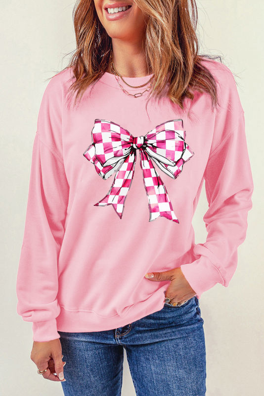 Pink Checkerboard Bow Graphic Round Neck Valentines Sweatshirt