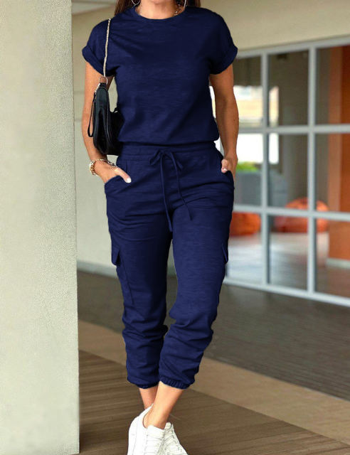 Navy Blue Short Sleeve Top and Multi Pockets Jogger Pants Set