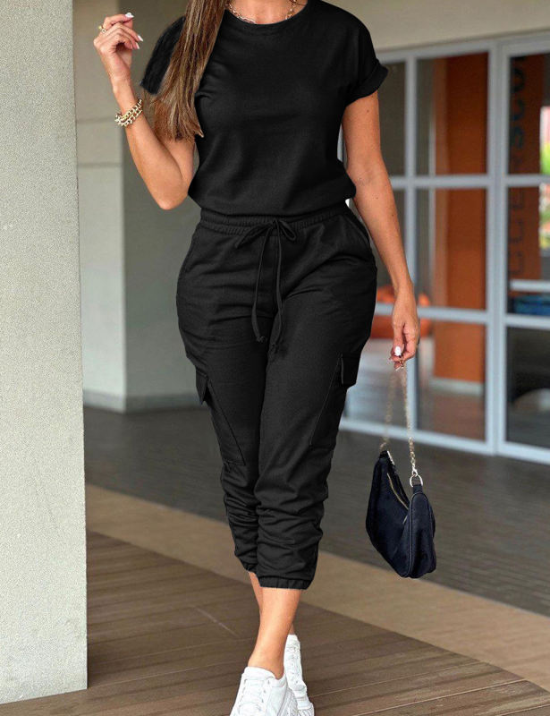 Black Short Sleeve Top and Multi Pockets Jogger Pants Set