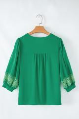 Green Contrast Floral Embroidered 3/4 Sleeve Notched V Neck Elegant Blouse