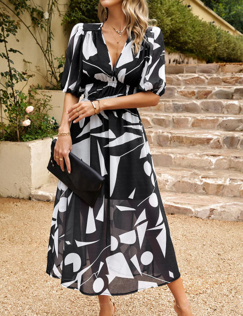 Black Abstract Print Ruched Waist V Neck Long Dress