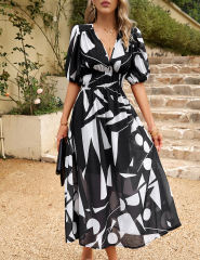 Black Abstract Print Ruched Waist V Neck Long Dress