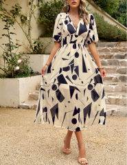 Apricot Abstract Print Ruched Waist V Neck Long Dress