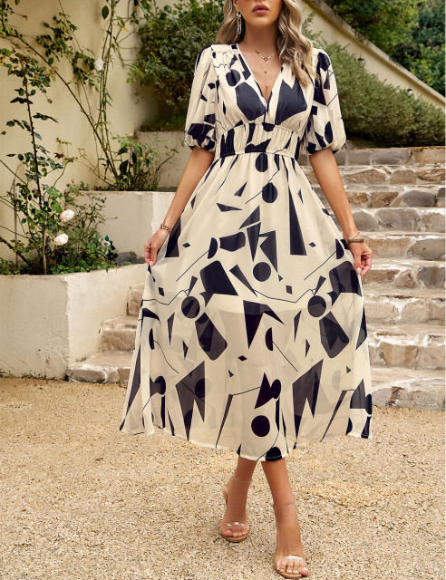 Apricot Abstract Print Ruched Waist V Neck Long Dress